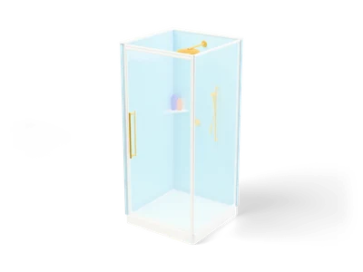Corner shower cabin with light blue tiles, clear glass walls, a white tray and a gold rain shower head
