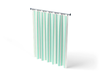 Mint and white striped shower curtain with thin pink lines hanging from chrome rings on a rod