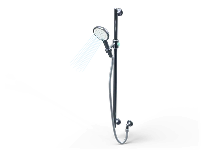 Chrome shower rail with a round hand shower spraying thin water jets and a hose hanging in a loop
