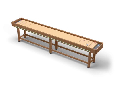 Long walnut shuffleboard table with a light maple playfield, lilac stars in the scoring zones and red and blue weights