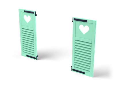 Two mint green louvred shutters with heart cutouts and black hinges, folded open side by side