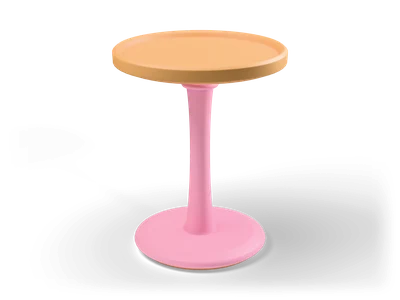 Runder Beistelltisch mit Tablettplatte aus Honigholz auf schlanker rosa Säule mit breitem rosa Tellerfuß