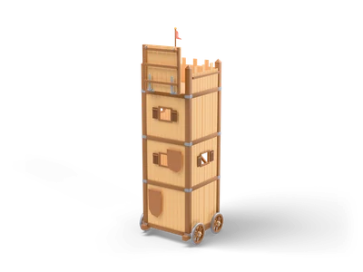 Stylized tall wooden siege tower on four wheels with crenellated top, raised drawbridge and a red pennant