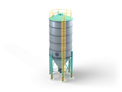 Tall light grey steel silo with teal cone roof and legs, a yellow ladder with safety cage and a yellow roof railing