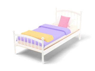 Cream painted single bed with spindle head board, lavender duvet, pink pillow and a yellow folded blanket