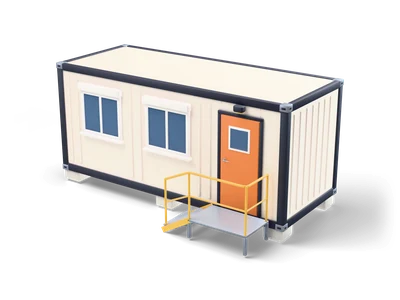 Cream site office container with three windows, an orange door and a small steel stair with yellow railing