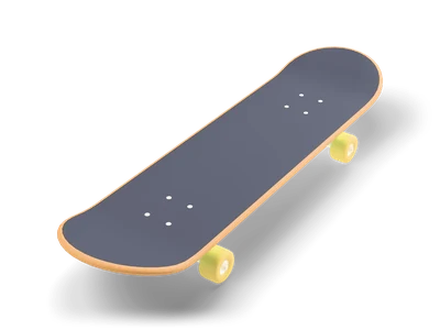 Skateboard with dark grip deck, light wood edge and yellow wheels seen from above