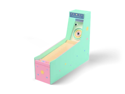 Mint skee ball alley with a wooden lane, a ring target in pink, yellow and mint and a pink console holding pastel balls