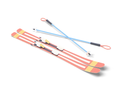 Two coral skis with white stripes and bindings lying next to two crossed blue ski poles
