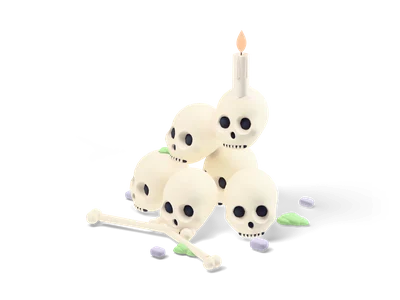 Montón de seis calaveras de dibujo con una vela que gotea encima, huesos cruzados, guijarros y musgo