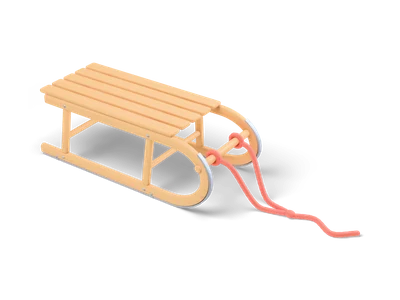 Light wooden sled with curved runners, slatted seat and a coral pull rope lying on the ground