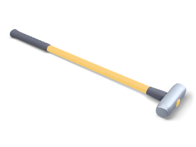 Sledgehammer with a silver steel head, long yellow handle and dark rubber grip, lying on its side