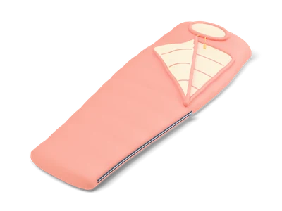 Coral quilted mummy sleeping bag lying flat with hood and the top corner folded back showing cream lining