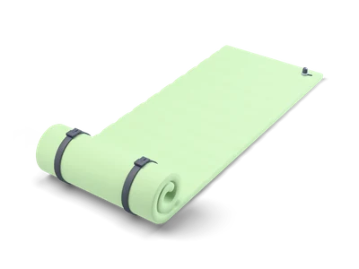 Sage green sleeping pad lying flat with ribbed chambers, its foot end rolled up and held by two dark straps