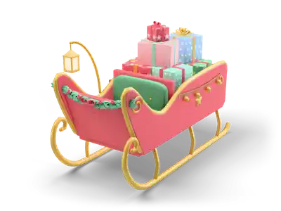 Red sleigh with gold runners, green seat and a stack of colorful wrapped presents in the back