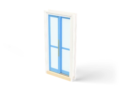 Glass sliding door with two sky blue framed panes, a golden handle bar and a white outer frame