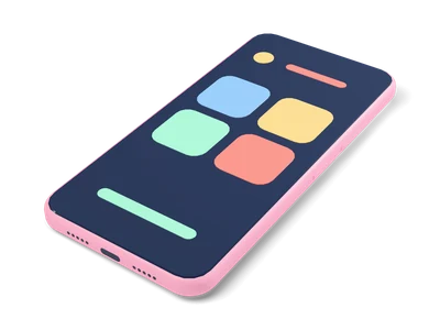 Pink smartphone lying screen up with a dark display showing four pastel tiles, a yellow dot and colored bars