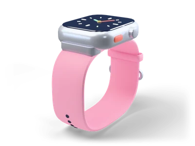 Smartwatch with silver aluminium case, dark watch face and coral button on a closed pink silicone strap