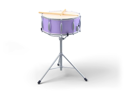 Lavender snare drum with cream head and silver hoops on a tripod stand, two drumsticks crossed on top