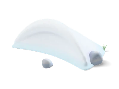 Long white snow drift with a curled overhanging edge and two grey rocks at its ends