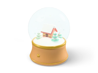 Snow globe on a wooden base with a snowy cottage, fir trees and snowflakes inside a clear glass dome