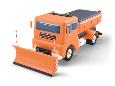 Orange snow plow truck with an angled orange front blade, a dark salt spreader at the back and amber beacons