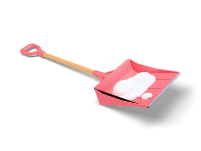 Red snow shovel with a wooden handle and D grip lying on the ground with snow in the blade