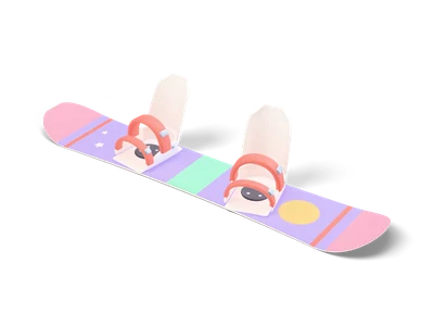 Lavender snowboard with pastel sun and star graphics and white bindings with coral straps