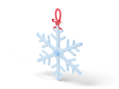 Light blue glittering six-pointed snowflake ornament with a blue gem and a red ribbon loop with a bow