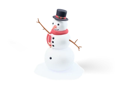 White snowman with black top hat, red scarf, carrot nose and twig arms on a small snow mound