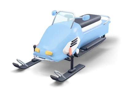 Light blue snowmobile with white side panels, a small windshield, a dark seat, a black track and two black skis