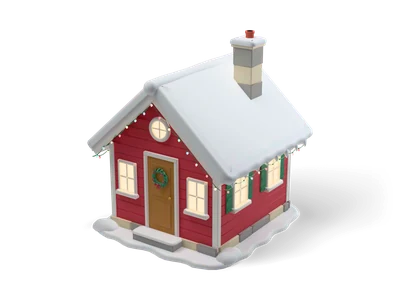 Small red cabin with white trim, snow covered roof, glowing yellow windows and colorful lights on the eaves