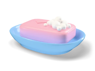 Pink soap bar with a heart and white foam on an oval light blue soap dish