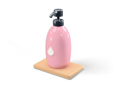Pink ceramic soap dispenser with a white drop symbol and a chrome pump on a small wooden tray