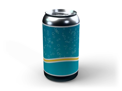 Unbranded teal soda can with white bubble pattern, yellow stripe and aluminum pull tab top