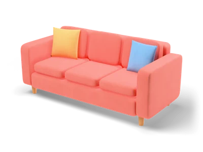 Coral three-seater sofa with rounded armrests, yellow and blue throw pillows and short wooden legs