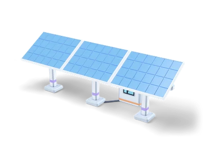 Three tilted solar panels with light blue cells on a white frame with three posts and a small white box behind them