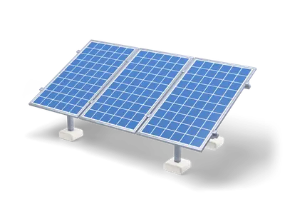 Three dark blue solar modules on a tilted steel rack standing on small concrete footings