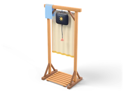 Wooden outdoor shower stand with a black water bag with a yellow sun, a red shower head, cream curtain and blue towel