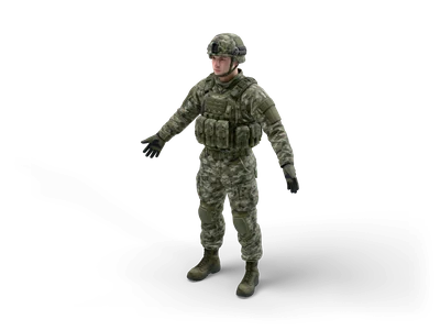 Modern soldier in grey-green digital camouflage with combat helmet, plate carrier, knee pads and gloves, A-pose