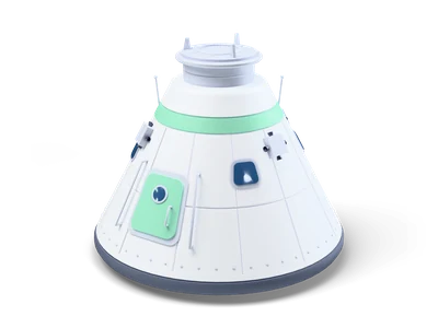 White cone-shaped space capsule on a dark heat shield with mint band, mint hatch and docking port on top
