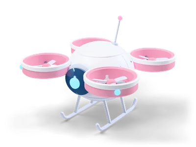 Round white space drone with dark camera eye, four pink ducted rotors, antenna and two landing skids