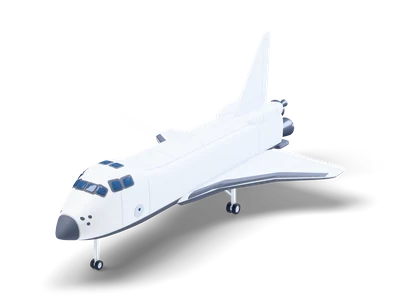 White space shuttle orbiter with dark nose and wing edges, delta wings, tall tail fin and landing gear