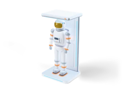 Rounded white space suit with orange bands and a golden visor helmet standing on a grey base in front of a white wall rack