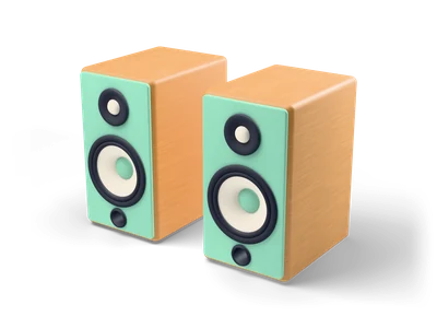 Two wooden bookshelf speakers with mint front panels, each with a small tweeter, a cream woofer and a bass port