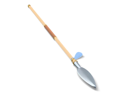 Stylized spear lying flat with a light ash shaft, brown leather grip, broad leaf-shaped steel head and a small blue tassel