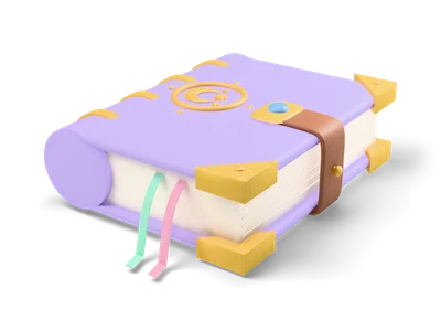 Closed lavender spell book with gold corners, gold moon emblem, brown strap lock with blue gem and two ribbons