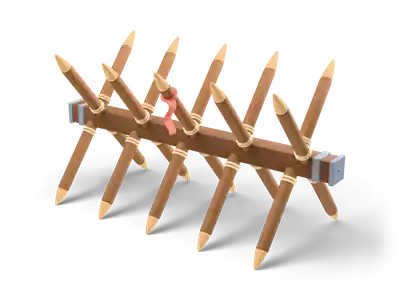 Caballo de frisa de madera con estacas puntiagudas cruzadas en una viga, ataduras de cuerda y un paño rojo