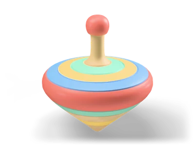 Wooden spinning top with red, yellow, mint and blue painted rings and a slim handle with a red knob