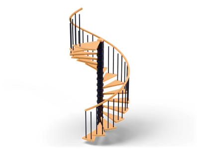 Spiral staircase with honey wood wedge steps around a dark central column and a curving handrail